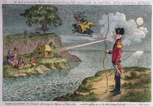 Lord Longbow, alarmisten, oppdager Irlands elendighet, utgitt av Hannah Humphrey i 1798 (håndkolorert etsning) av James Gillray