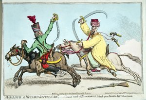 Mamlouk et Hussard Republicain, eller generelt resultat av Bonapartes angrep på Ibrahim Beys bakvakt, utgitt av Hannah Humphrey i 1799 (håndfarget etsning)