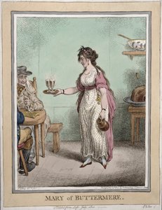 Mary of Buttermere, skissert fra livet i juli 1800, utgitt av Hannah Humphrey i 1802 (håndfarget etsning)