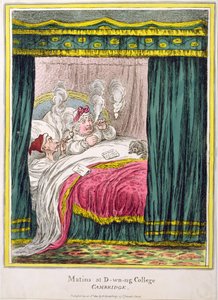 Matins ved D-wn-ng College, Cambridge, utgitt av Hannah Humphrey i 1810 (håndfarget etsning)