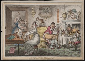 Matrimonial Harmonics, utgitt av Hannah Humphrey, 1805 (håndfarget etsning)
