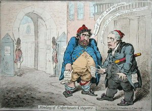 Meeting of Unfortunate Citoyens, utgitt av Hannah Humphrey i 1798 (håndfarget etsning) av James Gillray