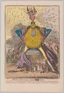 Midas, Transmuting all into [Gold] Paper, pub. 1797 (håndfarget gravering)
