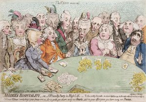 Modern Hospitality, or A Friendly Party in High Life, utgitt av Hannah Humphrey i 1792 (håndfarget etsning)