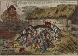 Flere griser enn spener, eller – det nye kullet med sultne gryntere som suger John Bulls gamle purke til døde, 9. mai av James Gillray