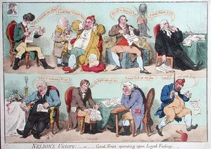 Nelsons seier, eller gode nyheter som opererer på lojale følelser, utgitt av Hannah Humphrey i 1798 (håndfarget etsning)