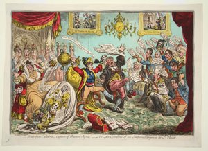 Nyheter fra Calabria! Fangst av Buenos Ayres! - dvs. komforten til en keiserlig Dejeune på St Clouds, pub. 1806 (håndfarget gravering)