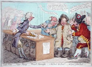 Åpning av budsjettet, eller John Bull som gir buksene sine for å redde Bacon, utgitt av Hannah Humphrey i 1796 (håndfarget etsning) av James Gillray