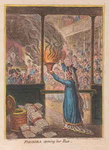 Pandora åpner boksen sin, pub. 1809 (håndfarget gravering)