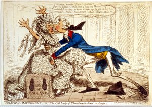 quot;Politisk herjing - eller den gamle damen i Threadneedle Street i fare!quot; av James Gillray