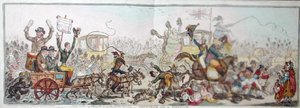 Posting to the Election: en scene på veien til Brentford, utgitt av Hannah Humphrey i 1806 (håndfarget etsning) av James Gillray