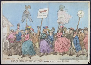 Procession to the Hustings after a Successful Canvass, utgitt av G. Humphrey i 1784 (håndfarget etsning)