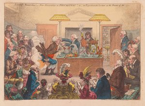 Vitenskapelige undersøkelser! Nye funn i Pneumaticks! Eller en eksperimentell forelesning om Powers osf Air, pub. 1802 (håndfarget gravering)