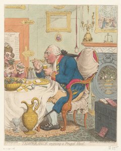 Spotprent på George III, 1792 Måtehold som nyter et nøysomt måltid (tittel på objekt) av James Gillray