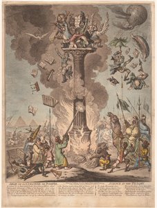 Tegneserie av den franske ekspedisjonen til Egypt, 1799 Siege de la Colonne de Pompee / Science in the pillory (tittel på objekt) av James Gillray