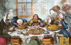 Erstatninger for brød, eller høyt ærede som redder brødene og deler fiskene, utgitt av Hannah Humphrey i 1795 (håndkolorert etsning) av James Gillray