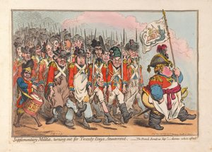 Supplementary Militia, dukker opp for Twenty Days Amusement, pub. 1796 (håndfarget gravering)