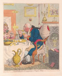 Temperance nyter et sparsomt måltid, pub. 1792 (håndfarget gravering)