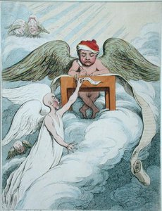 The Accusing Spirit and the Recording Angel, utgitt av Hannah Humphrey i 1791 (håndfarget etsning) av James Gillray
