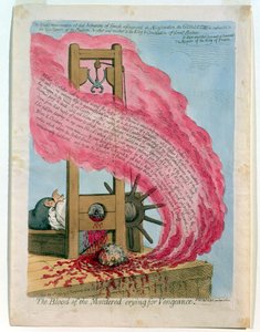 «De myrdes blod som roper om hevn», henrettelsen av Ludvig XVI (1754–93) med giljotin, utgitt av Hannah Humphrey av James Gillray