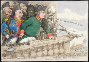 The Corsican and his Blood Hounds at the Window of the Tuileries, Looking over Paris, utgitt av Hannah Humphrey i 1815 (håndfarget etsning)