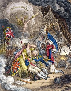 Admiral Lord Nelsons død i seiersøyeblikket! utgitt av Hannah Humphrey i 1805 (håndfarget etsning)