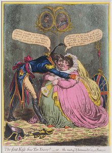 Det første kysset på ti år! eller The Meeting of Britannia und Citizen Francois, utgitt av Hannah Humphrey i 1803 (håndfarget etsning med akvatint)