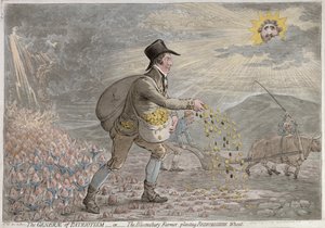 The Generae of Patriotism, eller The Bloomsbury Farmer som planter Bedfordshire Wheat, utgitt av Hannah Humphrey i 1796 (håndfarget etsning)