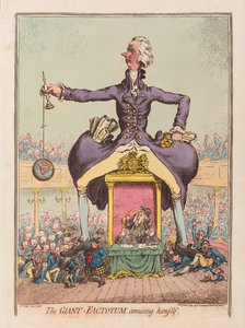 The Giant Factotum underholdende seg selv, pub. 1797 (håndfarget gravering)