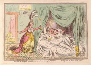 The Jersey Smuggler oppdaget, eller god grunn til separasjon, ekteskapsløfter er falske som Dicers eder, pub. 1796 (håndfarget gravering) av James Gillray