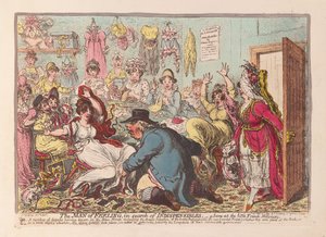 Følelsens mann på jakt etter uunnværlige ting; en scene på den lille franske Milliners, pub. 1800 (håndfarget gravering)