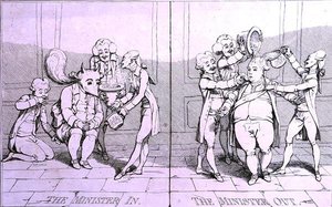 The Minister In - The Minister Out, utgitt av William Humphrey i 1782 (radering) av James Gillray