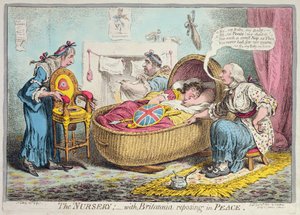 Barnehagen! med Britannia som hviler i fred, utgitt av Hannah Humphrey i 1802 (håndfarget etsning)