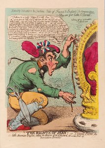 The Rights of Man, eller Tomm Paine, den lille amerikanske Taylor som tar mål av kronen for et nytt par revolusjonsbukser, pub. 1791 (håndfarget gravering)