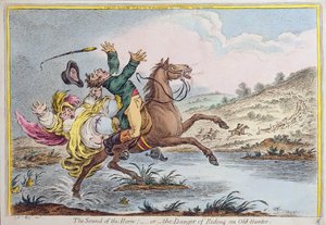 The Sound of the Horn, or The Danger of Riding an Old Hunter, utgitt av Hannah Humphrey i 1807 (håndfarget etsning)