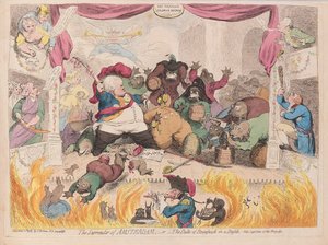 The Surrender of Amsterdam eller The Duke of Brunswick in a Bustle, pub. 1787 (håndfarget gravering) av James Gillray