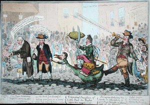 The Triumphal Procession of Little Paul the Taylor på hans nye gås, utgitt i 1806 (håndfarget etsning) av James Gillray