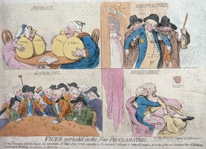 Vices Overlook'd in the New Proclamation, utgitt av Hannah Humphrey, 1792 (håndfarget etsning)