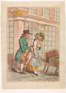 Kvinne med trillebår med røtter foran butikkvinduet til bokhandler Robert Faulder i London Sandwich gulrøtter! lekre smørbrød-gulrøtter (tittel på objekt) av James Gillray