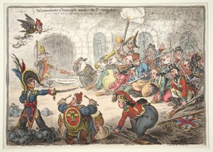 Westminster-vernepliktige under opplæringsloven, 1806 (håndfarget gravering) av James Gillray