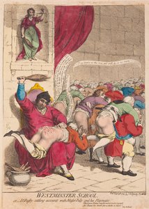 Westminster School eller Dr. Busby tar et oppgjør med mester Billy og lekekameratene hans, pub. 1785 (håndfarget gravering)