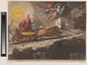 William Pitt verdrijft de duistere krachten, 1795 Lys som fordriver mørke, - fordampning av Stygian-ekspirasjoner,-eller- Konstitusjonens sol, som stiger over opposisjonens skyer (tittel på objekt) av James Gillray
