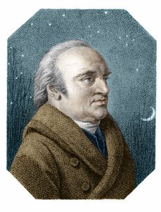 Portrett av William Herschel (1738 - 1822) på en stjernehimmel bakgrunn - fra en kobbergravering av James Godby av James Godby