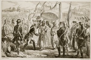 Møtet til Lord Clive med Meer Jaffier, etter slaget ved Plassey, gravert av Thomas Williams