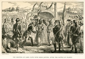 Møtet til Lord Clive med Meer Jaffier, etter slaget ved Plassey (gravering) av James Godwin