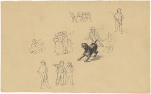 Bjeffende hund og studier for militsopplæring, ca. 1841 (grafitt) av James Goodwin Clonney