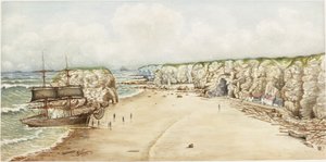 Brig på grunn ved Marsden Rock (akvarell, kroppsfarge og blyant på papir på kort)) av James Henry Cleet