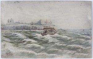Stranding of the Belly of Littlehampton og Loss of the Life Boat Crew of the Tyne (akvarell, kroppsfarge og skraping ut på papir) av James Henry Cleet