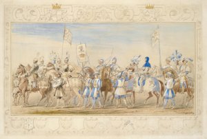Fortsettelse av følget av Marquis of Waterford, Knight of the Dragon og Viscount Alford, Knight of the Black Lion, 1839 (blyant, wc, gouache og gullmaling på papir) (se også 366229)