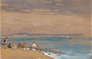 Strandscene med figurer ved en molo av James Holland
